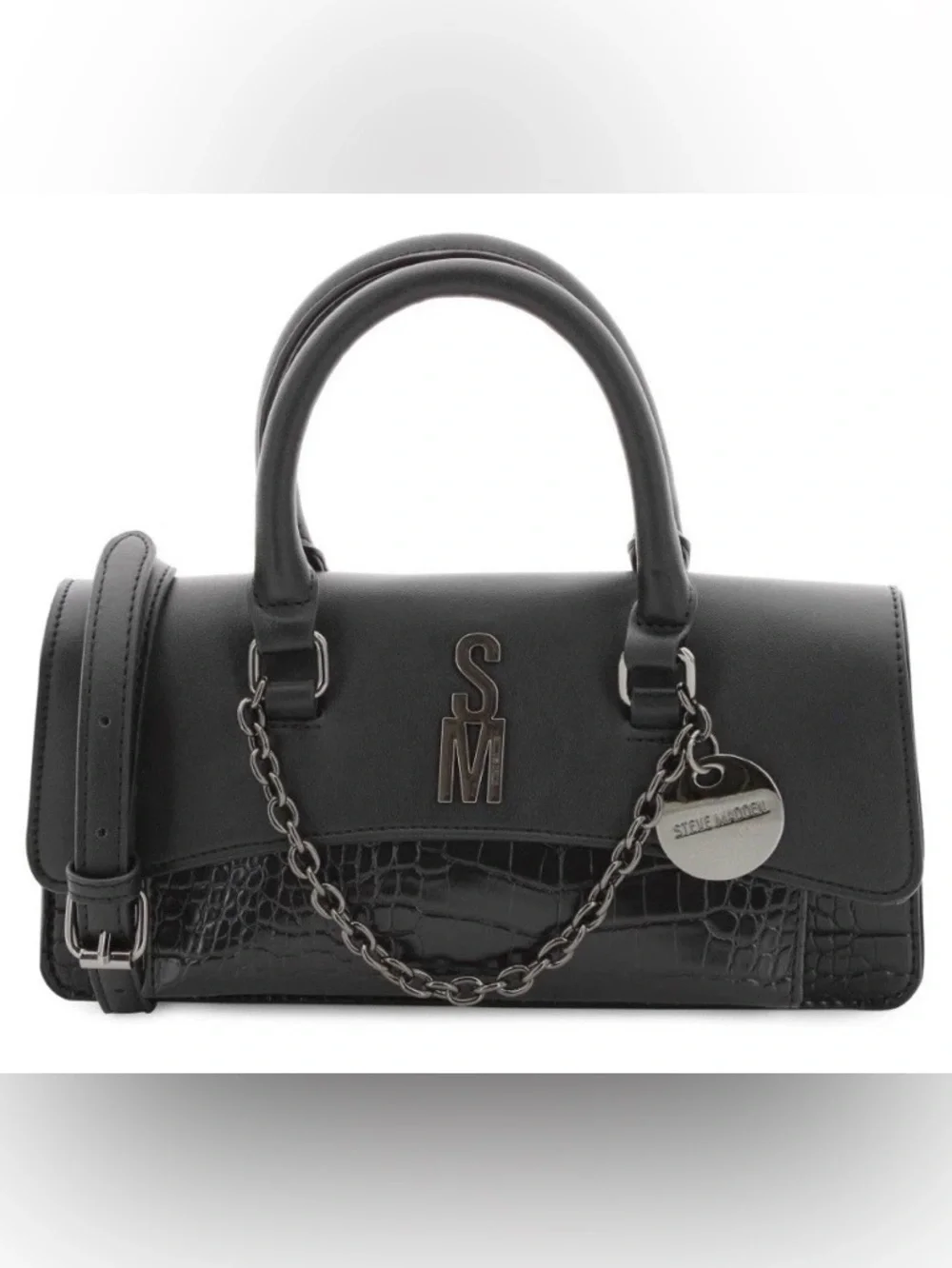 Steve Madden Crocodile Top Handle Black Handbag With Chain Brand New NWT
